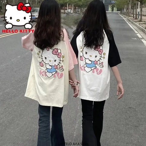 Japanese Cat Print Patchwork Short Sleeve T-shirt
