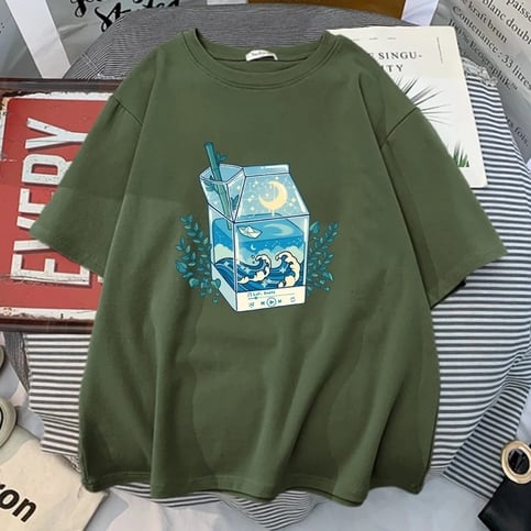 Cute Milk Box Moonlight Waves Print Crewneck Oversized Short Sleeve Shirt Aesthetic Casual E-Girl Kawaii Korean Japanese Harajuku