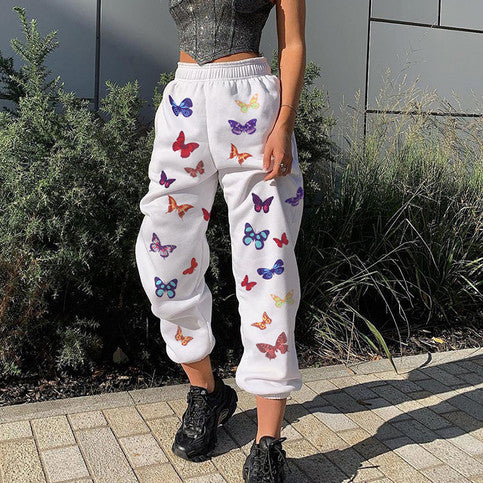 Cute Butterfly Rainbow Print Loose Baggy High Waisted Trousers Joggers Pants Sweats Bottom E-Girl Kawaii Korean Japanese Harajuku Retro Streetwear