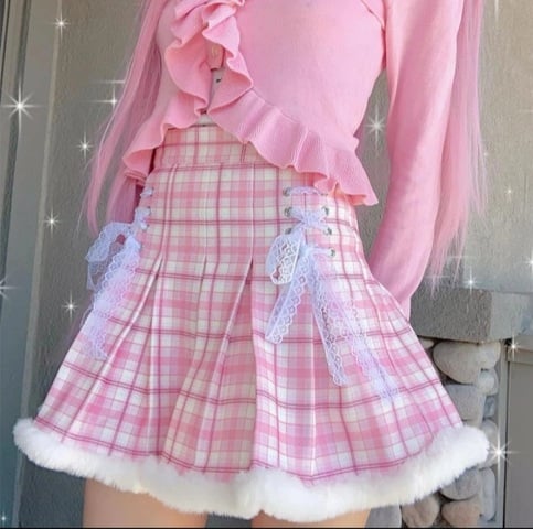 Cute Pink Plaid Feather Lace Up Pleated High Waist A-line Mini Skirt Summer Aesthetic Casual E-Girl Kawaii Korean Japanese Harajuku