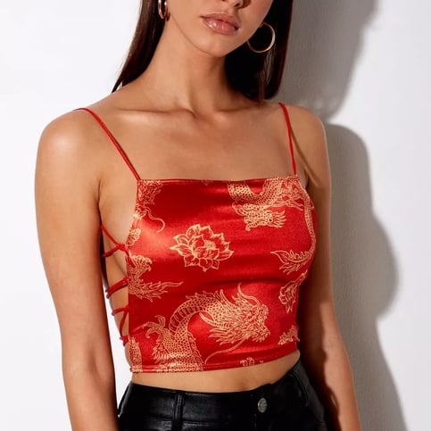 Cute Sexy Red Dragon Backless Bandage Spaghetti Strap Crop Top Sleeveless Shirt Summer Aesthetic Casual E-Girl Kawaii Korean Japanese Harajuku
