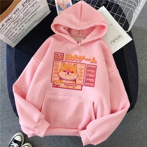 Cute Pastel Shiba Inu Dog Cartoon Print 90s Oversized Hoodie Sweater Sweatshirt Pullover Winter E-Girl Kawaii Korean Japanese Harajuku Streetwear