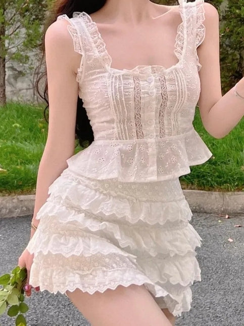 2PCS White Lace Frill Top + Mini Skirt