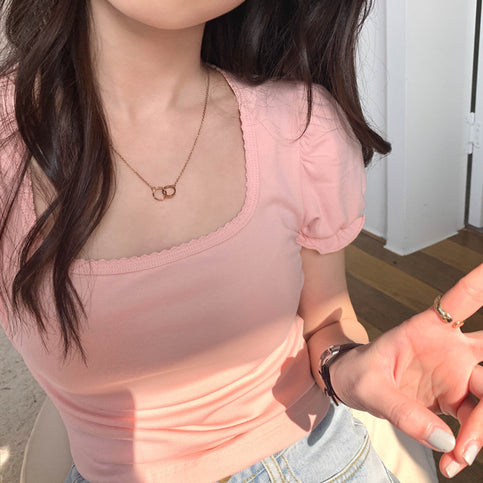 Pink Puff Sleeve Square Collar Top