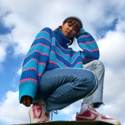 Blue Patchwork Turtleneck Sweater