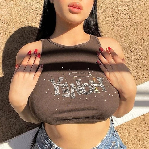 Cute Brown Honey Rhinestone Crystal Glitter Bling 90s Sleeveless Tank Crop Top Aesthetic Casual Summer E-Girl Kawaii Korean Japanese Harajuku
