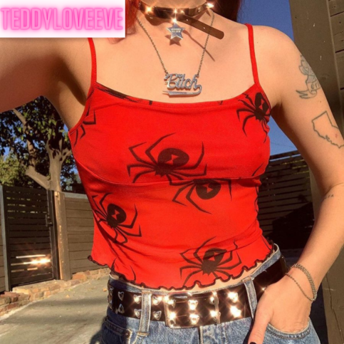 Cute Spider Skull Mesh Transparent See Through Camisole Tank Crop Top Sleeveless Goth Punk Casual E-Girl Kawaii Korean Japanese Harajuku Streetwear