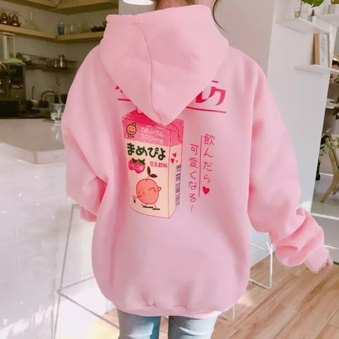 Cute Pastel Pink Peach Cartoon Print Long Sleeve Hoodie Pullover Sweater Sweatshirt Autumn Winter E-Girl Kawaii Korean Japanese Harajuku Streetwear