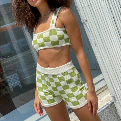 2PCS Green Checkered Knit Crop Top + Shorts