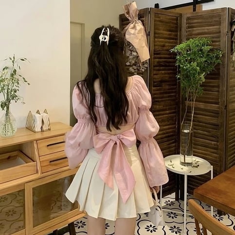 Cute Pink Back Puff Sleeve French Bow Bandage Long Sleeve Shirt Blouse Crop Top Square Neck Aesthetic Casual E-Girl Kawaii Korean Japanese Harajuku