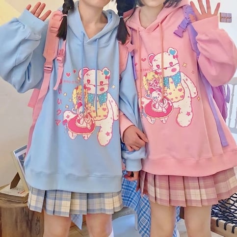 Cute Pastel Anime Girl Teddy Bear Cartoon Graphic Print Oversized Fleece Hoodie Sweatshirt Aesthetic Casual E-Girl Kawaii Korean Japanese Harajuku