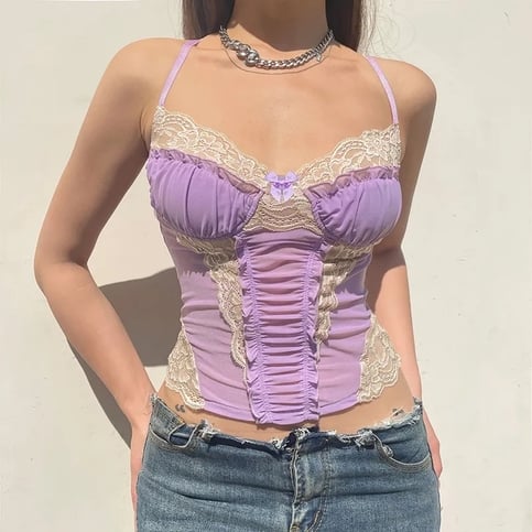 Purple Lace Trim Mesh Halter Top