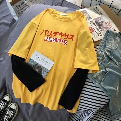 Cute Casual Yellow Vintage Letter Print Graphic T-shirt Long Sleeve Tee Shirt O-neck Pullover E-Girl Kawaii Korean Japanese Harajuku Retro Streetwear