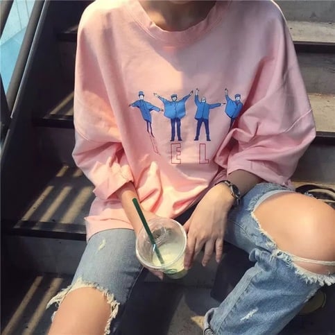 Cute People Kpop Letter Print Graphic Casual Oversized Short Sleeve Tee Shirt T-shirt Top E-Girl Kawaii Korean Japanese Harajuku Streetwear