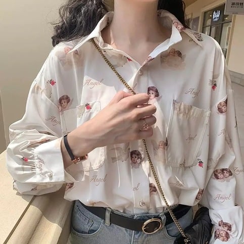 Vintage Angel Love Print Elegant Long Sleeve Shirt Blouse Top Lantern Sleeve Punk Grunge E-Girl Kawaii Korean Japanese Harajuku Streetwear