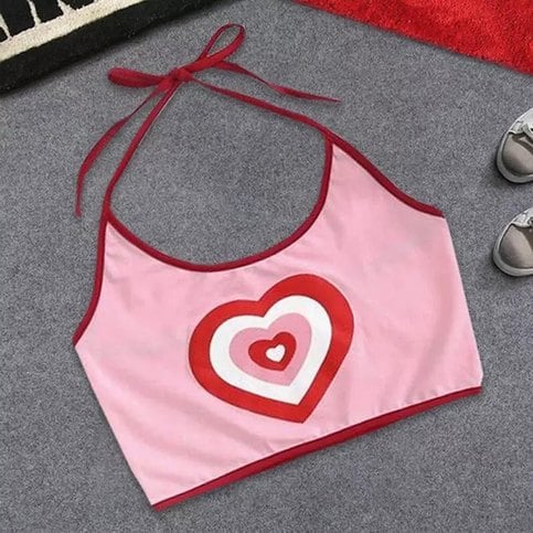 Pink Love Heart Print Halter Backless Spaghetti Strap Camisole Crop Top Summer Aesthetic Casual E-Girl Kawaii Korean Japanese Harajuku