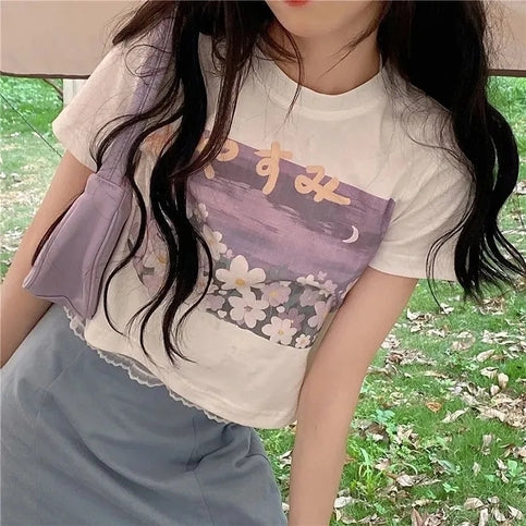Purple Flower Aesthetic Print Short Sleeve T-shirt