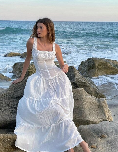 White Pleated Lace Up Square Collar Ruffle Maxi Dress