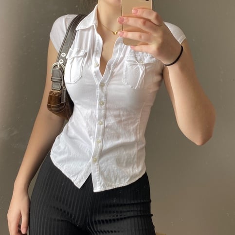 White Pocket Button Down Collar Short Sleeve Shirt