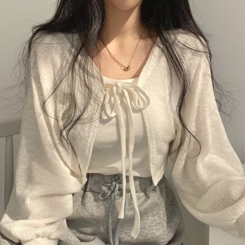 White Thin Lantern Long Sleeve Cardigan