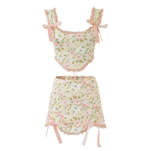 Floral Print Lace Up Corset Top + Mini Skirt