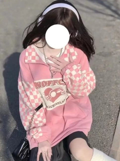 Pink Plaid Checkboard Zip Up Oversized Sweatshirt
