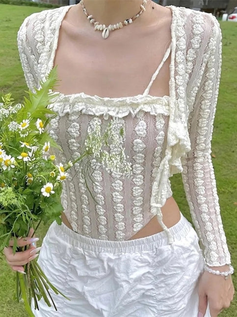 2PCS Beige Frill Camisole + Cardigan