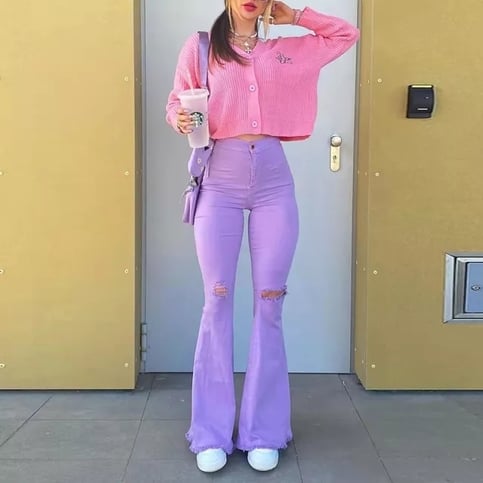 Cute Purple Flare Jeans High Waist Baggy Wide Leg Pants Ripped Trouser Summer Aesthetic Casual E-Girl Kawaii Korean Japanese Harajuku