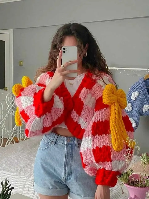 3D Red & White Crochet Cardigan with Yellow Bow