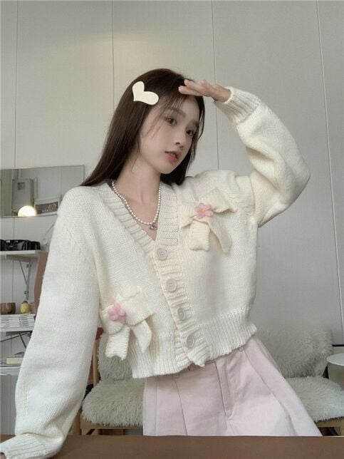 White Bow Knit Cardigan Sweater