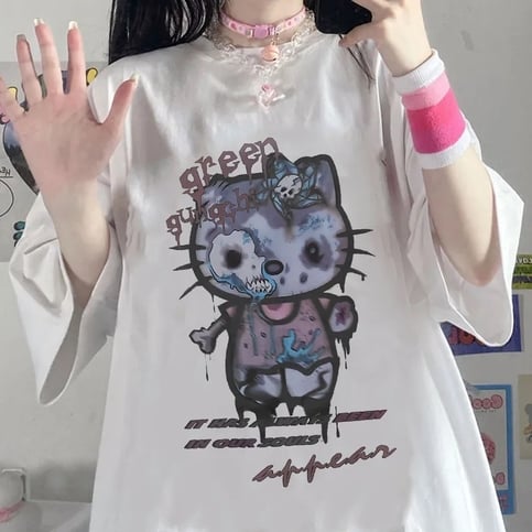 Zombie Anime Cat Print Short Sleeve T-shirt
