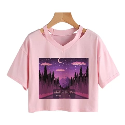 Cute Vintage Mountain Road Moon Night Sky Print Crop Top Short Sleeve Shirt Aesthetic Casual E-Girl Kawaii Korean Japanese Harajuku