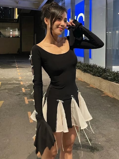 Black Lace Up Splice Fold Bodycon Dress