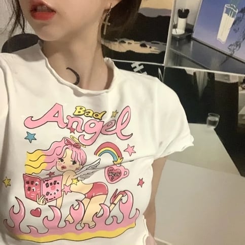 Angel Print Ruffle Short Sleeve T-shirt