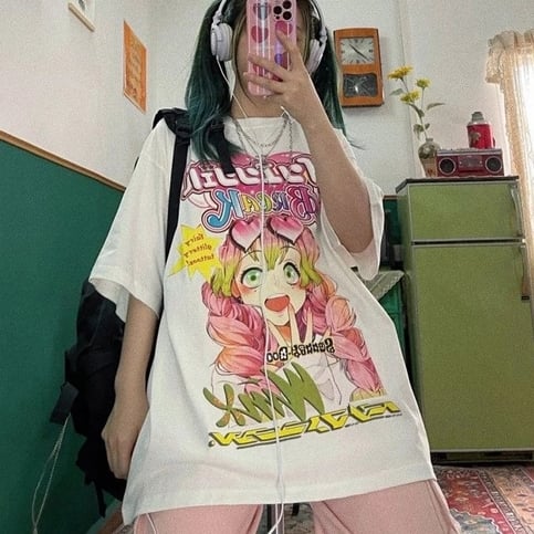 Cute Anime Girl Cartoon Graphic Print Retro Vintage White Oversize T- Shirt Top Aesthetic Casual Summer E-Girl Kawaii Korean Japanese Harajuku