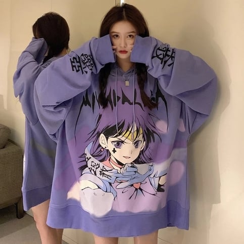 Cute Purple Anime Girl Graphic Print Oversize Long Sleeve Shirt Hoodie Punk Goth Aesthetic Casual E-Girl Kawaii Korean Japanese Harajuku