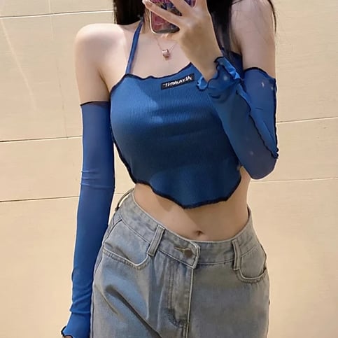 Blue Ribbed Off Shoulder Crop Top