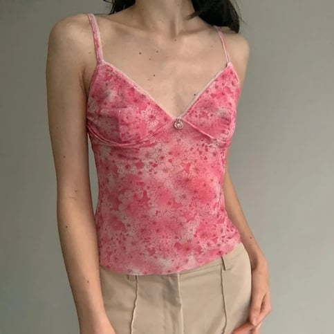 Pink Floral Mesh Sheer V-Neck Crop Top