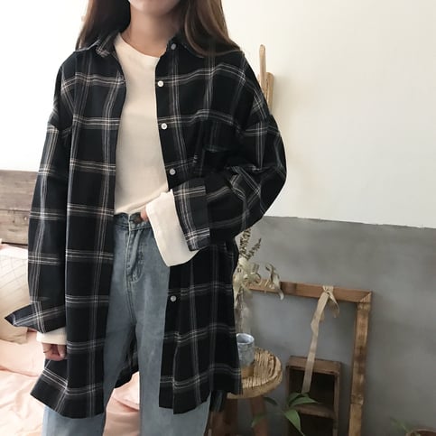 Cute Casual Plaid Flannel Loose Oversized Long Sleeve Shirt Top Boyfriend Baggy E-Girl Kawaii Korean Japanese Harajuku Retro Streetwear