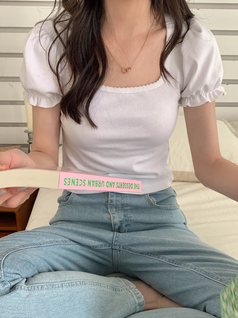 White Puff Sleeve Square Collar Top