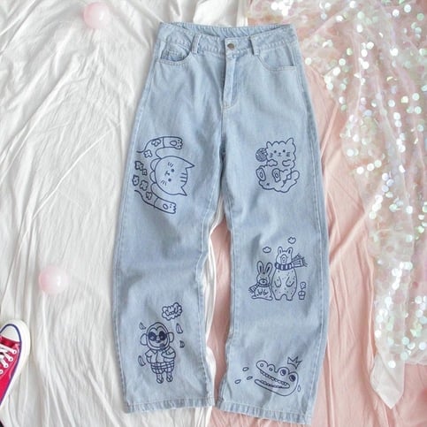 Cat Animal Cartoon Print Loose High Waisted Straight Demin Jeans Trousers Female Pants E-Girl Kawaii Korean Japanese Harajuku Streetwear