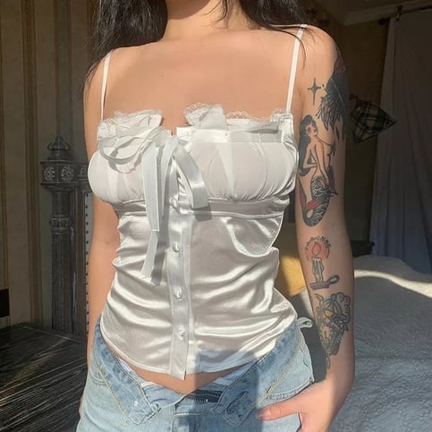 Sweet Elegant Bow Satin Crop Top Aesthetic Casual E-Girl Kawaii Korean Japanese Harajuku