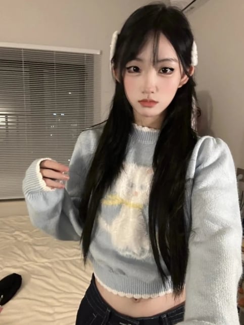 Kitten Print Cropped Sweater