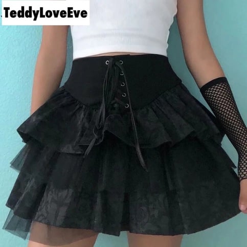 Cute Black Goth Lace Up High Waisted Ruffle Skirt Punk Bandage A-line Lace Trim Tutu Casual E-Girl Kawaii Korean Japanese Harajuku Streetwear