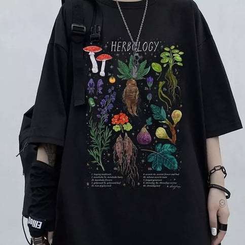 Cute Herbology Plant Mushroom Cartoon Print Loose Oversize Short Sleeve T-shirt Punk Aesthetic Casual Summer E-Girl Kawaii Korean Japanese Harajuku