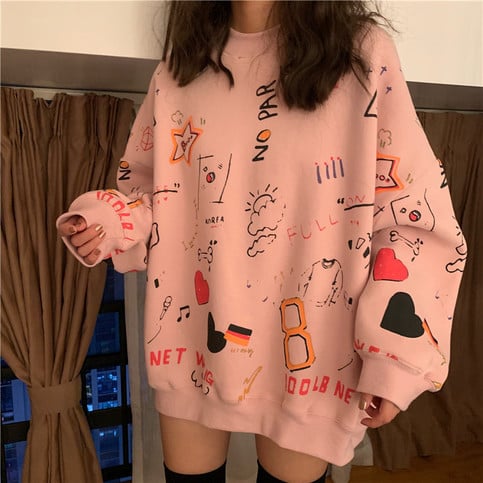Cute Pastel Print Oversized Sweater Hoodie Pullover Korean Japanese Harajuku Chinese Retro Streetwear Aesthetic Fashion