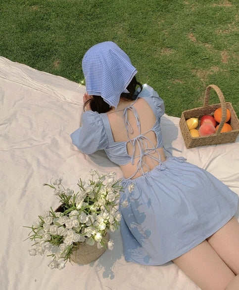 Cute Blue French Square Neck Puff Sleeve Backless Bandage Mini Dress Summer Aesthetic Casual E-Girl Kawaii Korean Japanese Harajuku