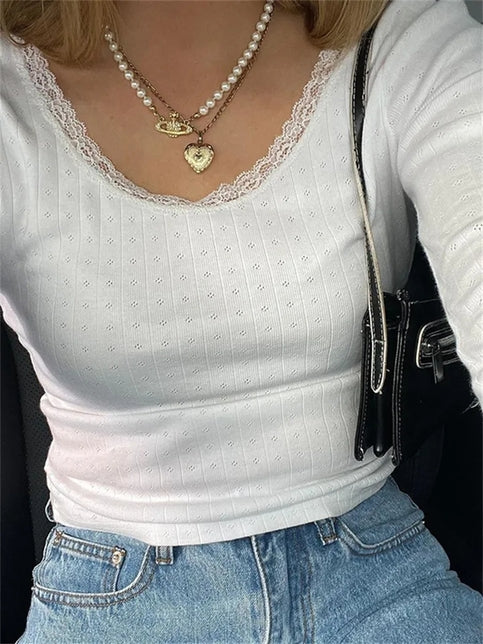 White Ribbed Lace Long Sleeve Shirt