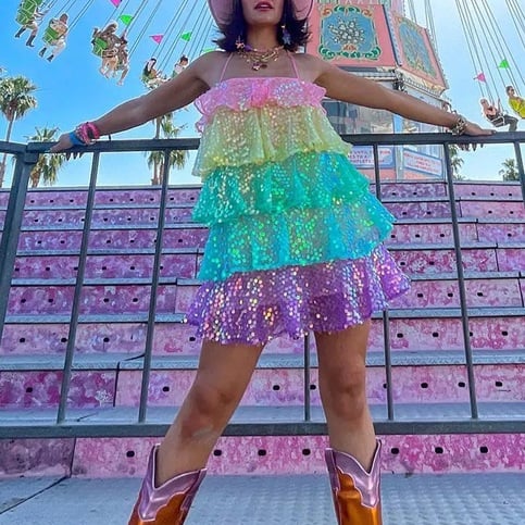 Rainbow Sequin Layered Ruffle Dress