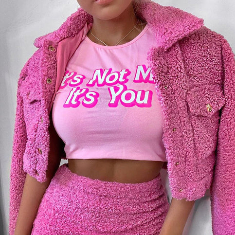Cute It’s Not Me Pink Letter Crop Top Short Sleeve Shirt Tee T-shirt E-Girl Kawaii Korean Japanese Harajuku Chinese Retro Streetwear Aesthetic